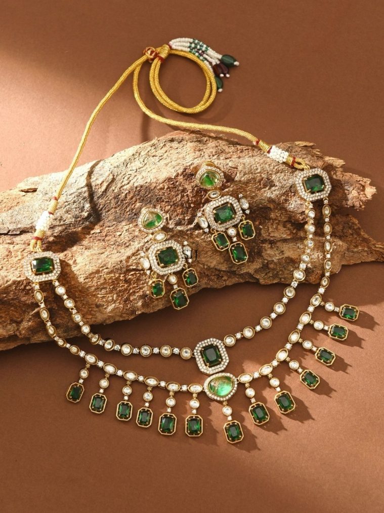 Gold Plated Green Polki Diamond Necklace Set