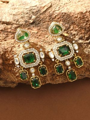 Gold Plated Green Polki Diamond Necklace Set