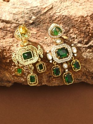 Gold Plated Green Polki Diamond Necklace Set