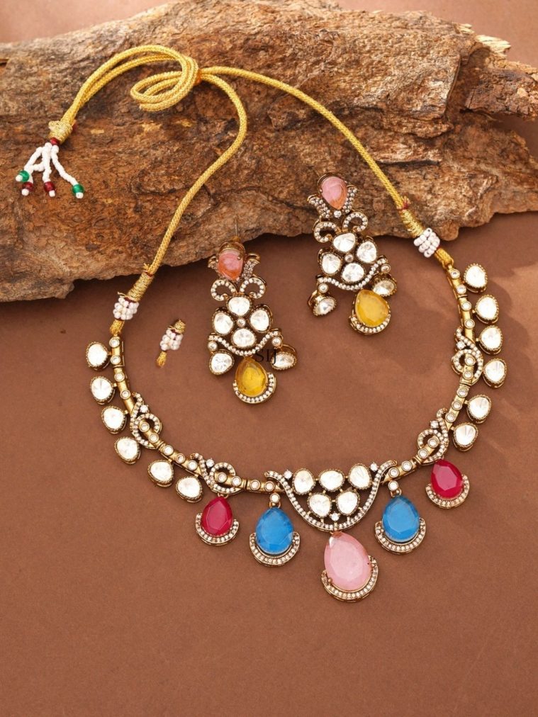 Multi Color Stone and Polki Necklace Set ABDIN01995