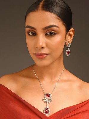 Red Stone Pendant Silver Chain ABDIPC02015