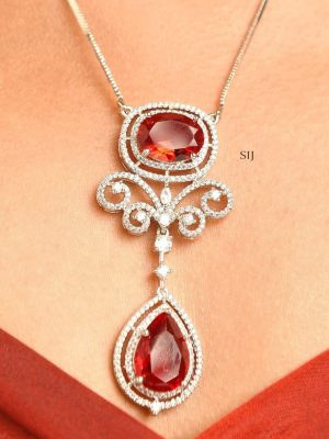 Red Stone Pendant Silver Chain ABDIPC02015