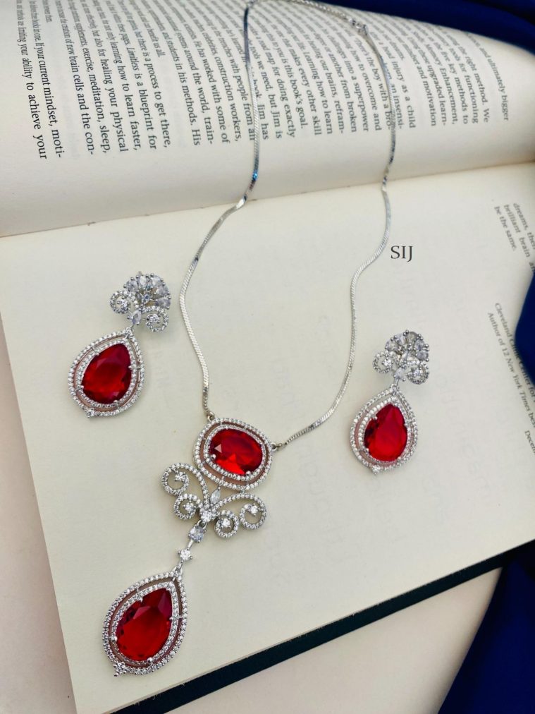 Red Stone Pendant Silver Chain ABDIPC02015