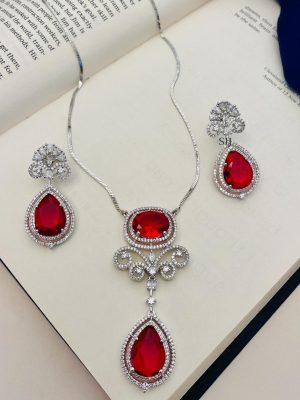 Red Stone Pendant Silver Chain ABDIPC02015