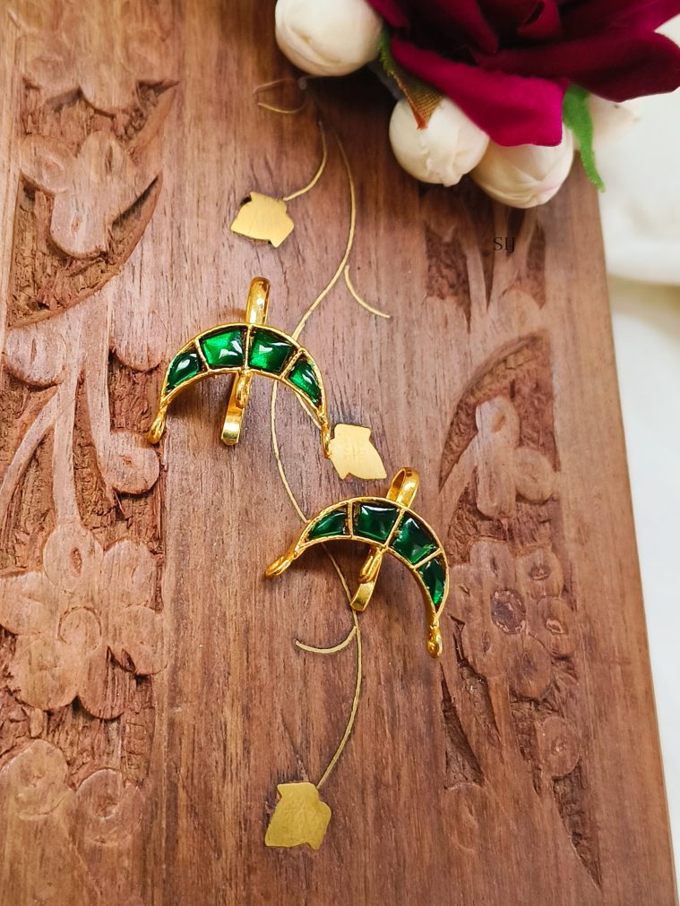 Green Jadau Half Moon Bugadi Ear Cuffs