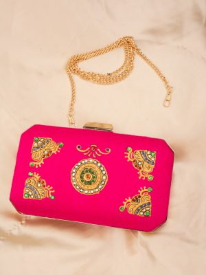 Tanjore Painted Pink Silk Clutch Bag ALAIO00018