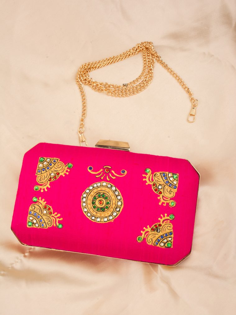 Tanjore Painted Pink Silk Clutch Bag ALAIO00018