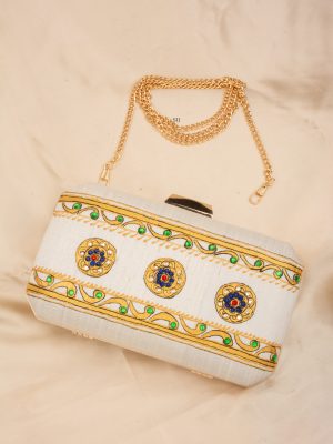 Tanjore Painted White Silk Clutch ALAIO00021