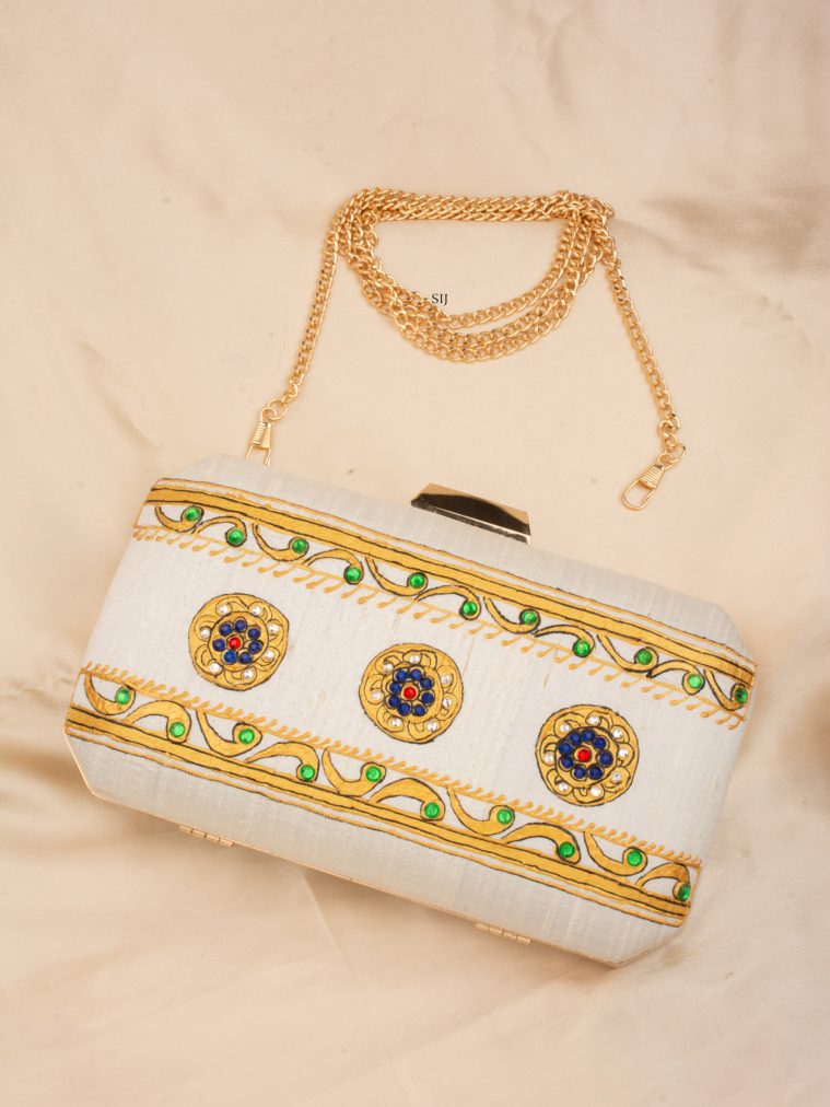 Tanjore Painted White Silk Clutch ALAIO00021