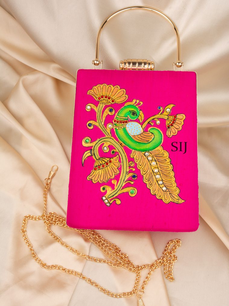 Tanjore Painted Pink Silk Clutch Bag ALAIO00031