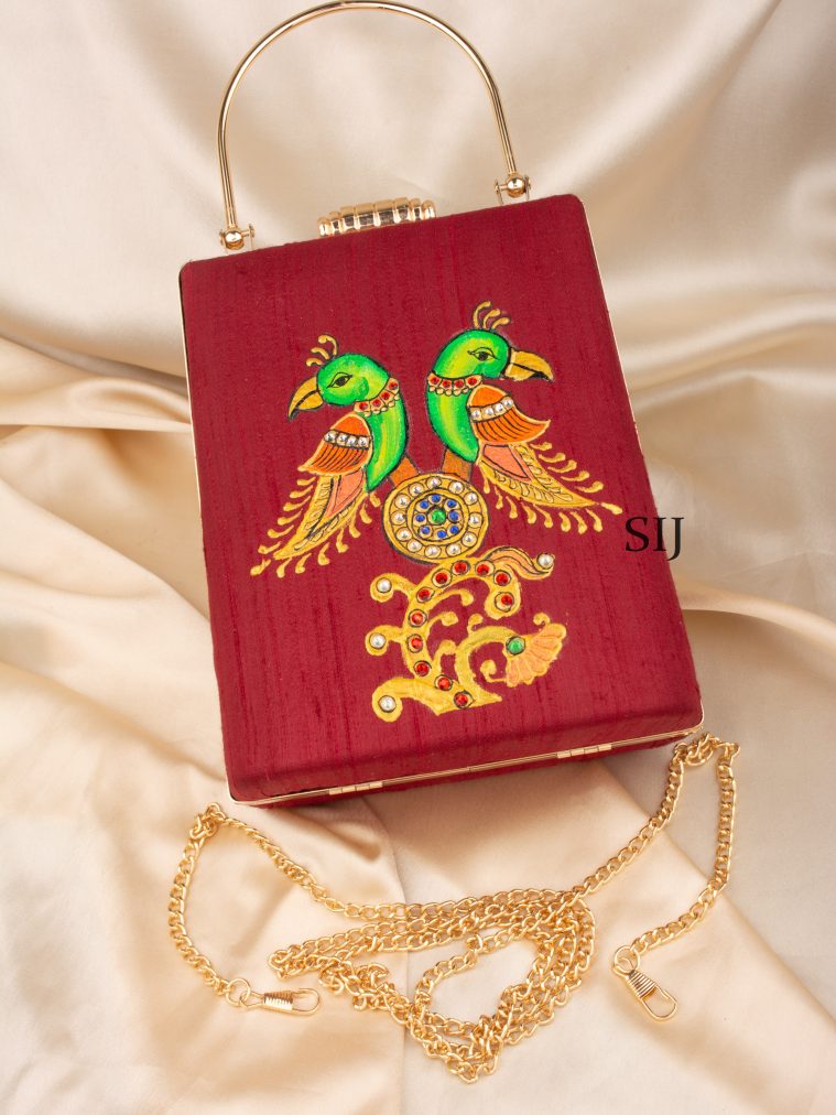 Tanjore Painted Maroon Silk Clutch Bag ALAIO00033