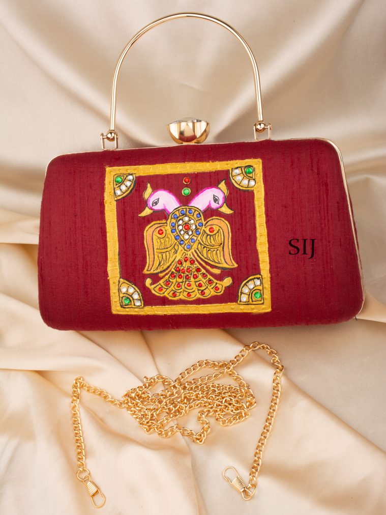 Tanjore Painted Maroon Silk Clutch Bag ALAIO00036