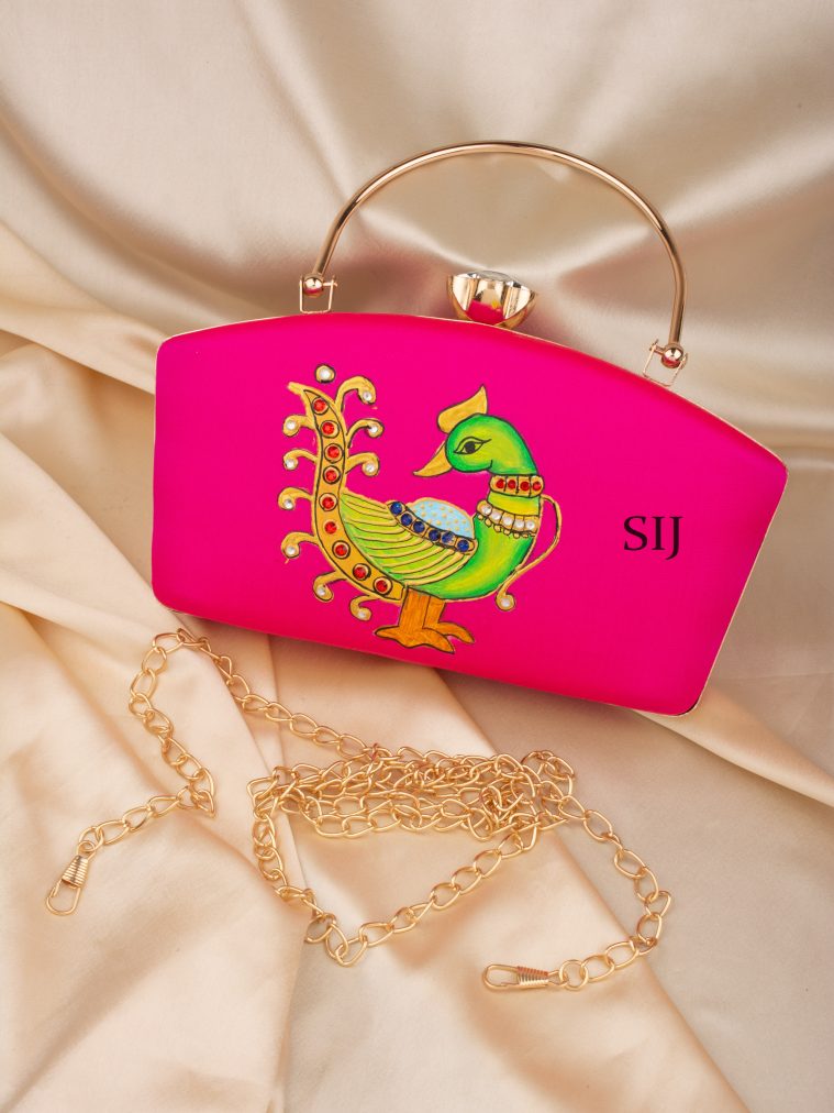 Tanjore Painted Pink Silk Clutch Bag ALAIO00037