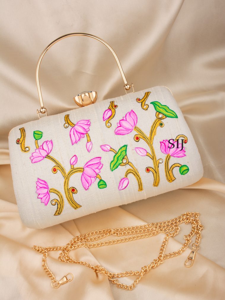 Tanjore Painted White Silk Clutch Bag ALAIO00039