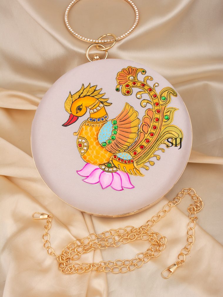 Tanjore Painted White Silk Clutch Bag ALAIO00041
