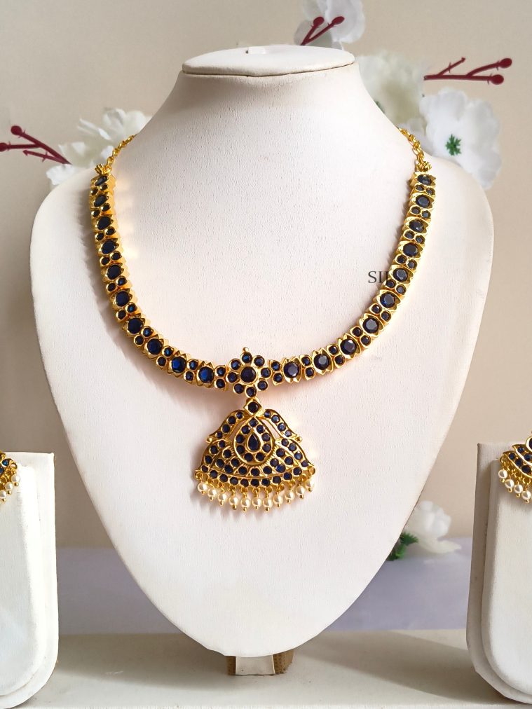 Dark Blue Antique Attigai Necklace Set ELEIN00045