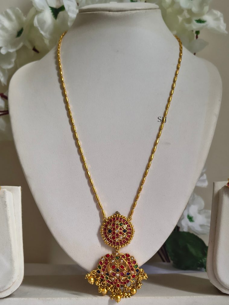 Golden Beaded Navaratna Pendant Necklace ELEIN00056