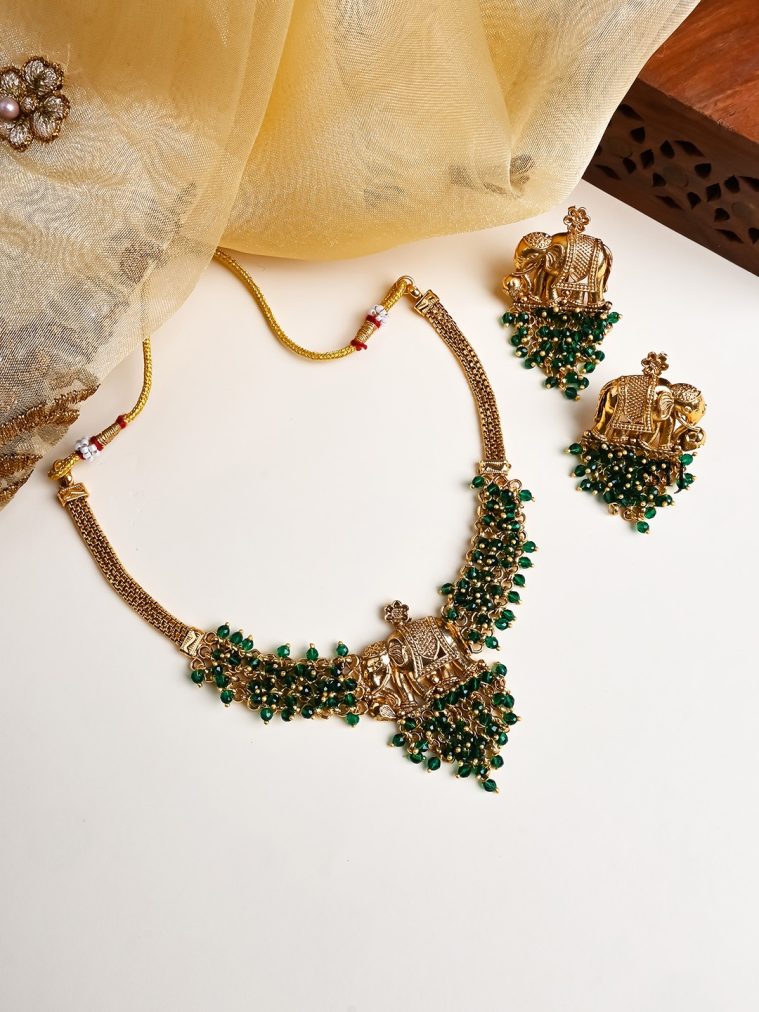 Gold Finish Green Beaded Elephant Necklace STIIN00657