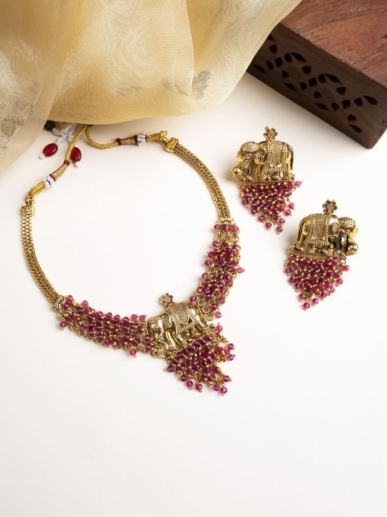 Gold Finish Red Beaded Elephant Necklace STIIN00658