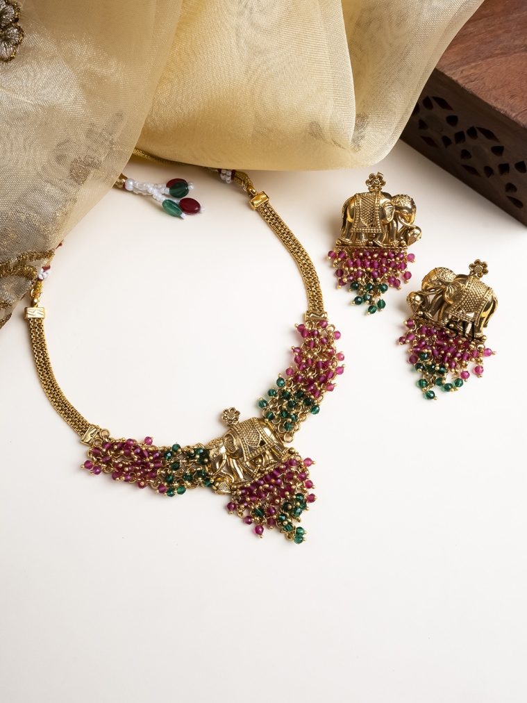 Gold Plated Multi Beaded Elephant Necklace STIIN00659