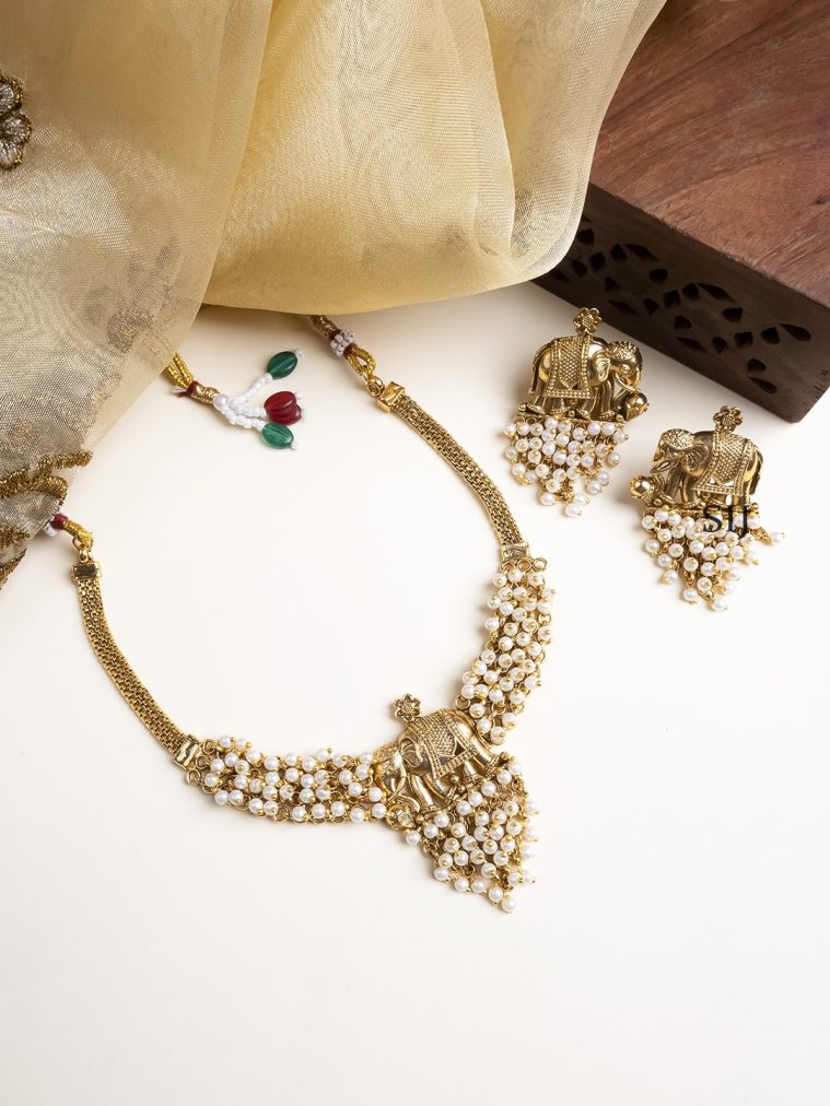 Gold Finish Pearl Elephant Necklace STIIN00660