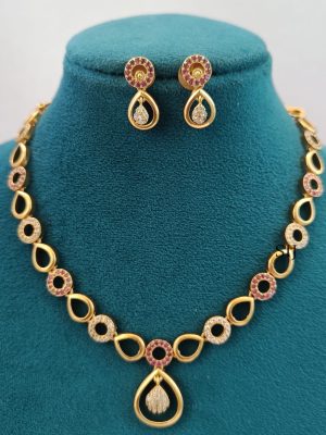 Gold Finish Ruby AD Stones Necklace LADIN00870