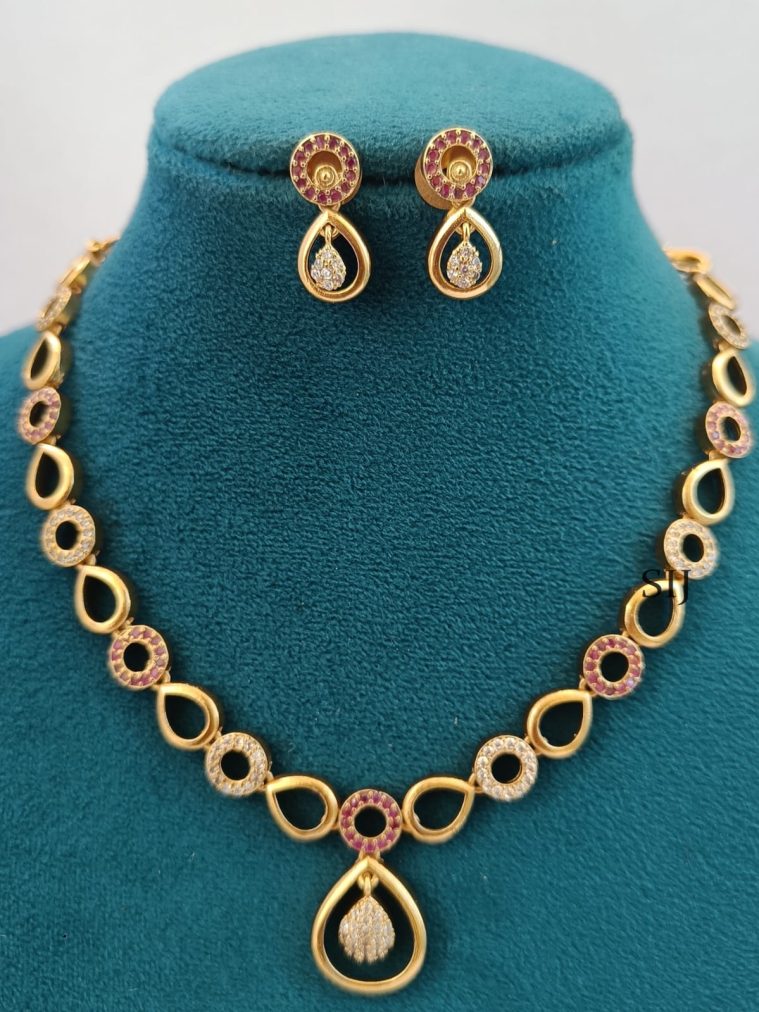 Gold Finish Ruby AD Stones Necklace LADIN00870