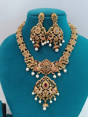 Dual Peacock White Stones Necklace LADIN00876