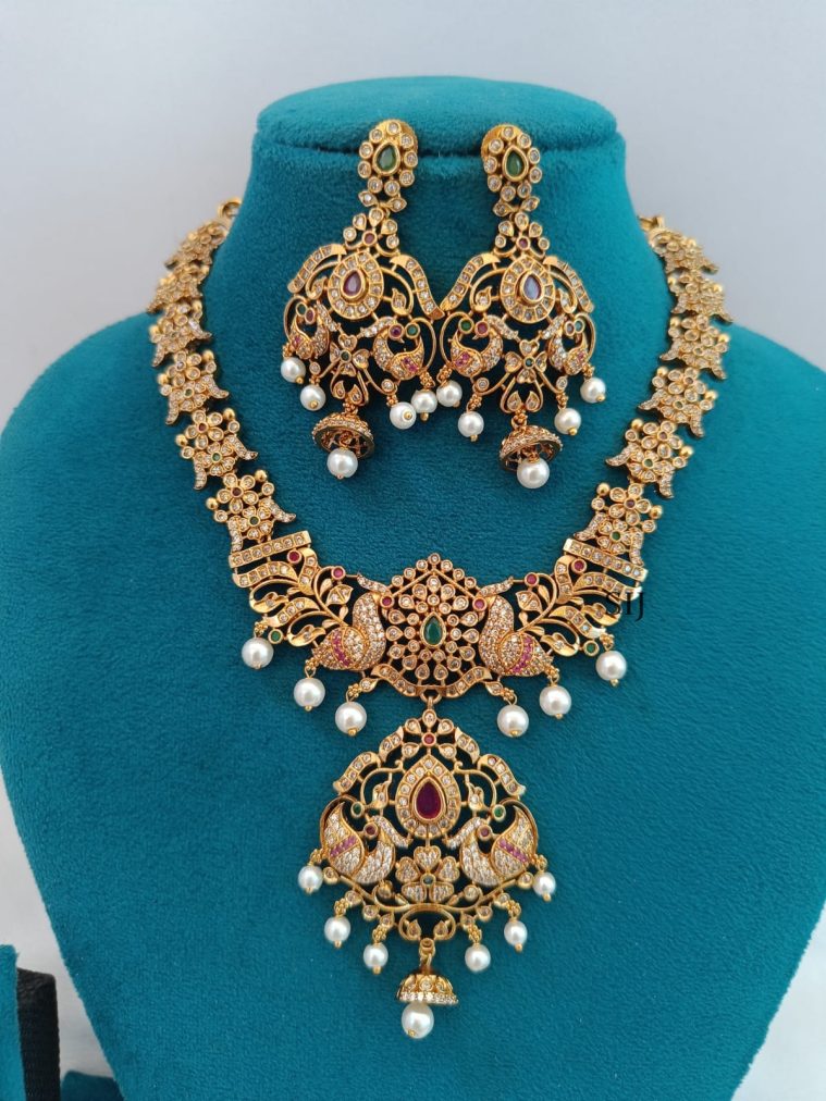 Dual Peacock White Stones Necklace LADIN00876