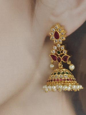 Gold Finish Multi Stone Jhumkas BELIE00127