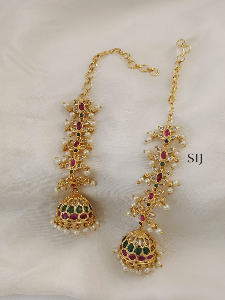 Gold Finish Kemp Jhumkas With Ear Chain BELIE00133