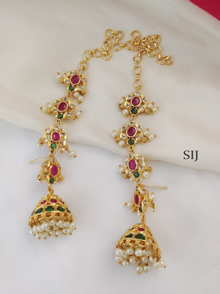 Gold Finish Kemp Jhumkas With Ear Chain BELIE00134