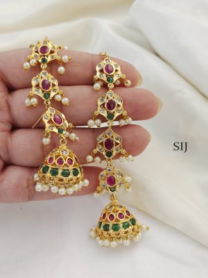 Gold Finish Kemp Jhumkas With Ear Chain BELIE00134