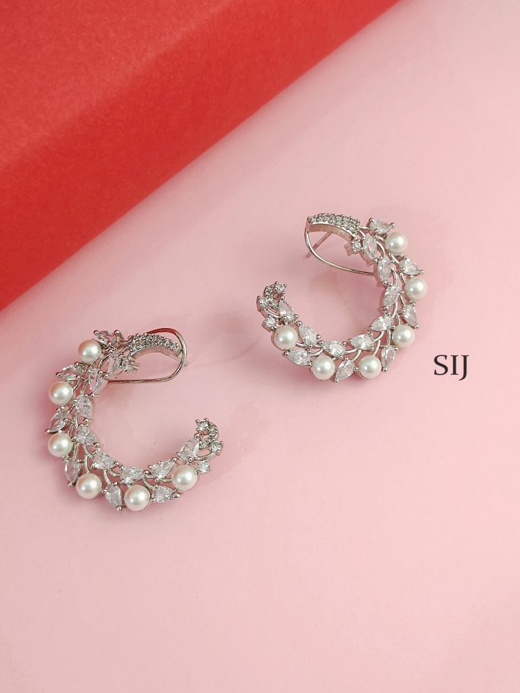 Silver Finish Pearl CZ Earrings BELIE00135