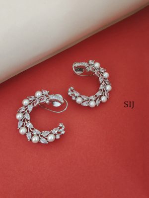Silver Finish Pearl CZ Earrings BELIE00135