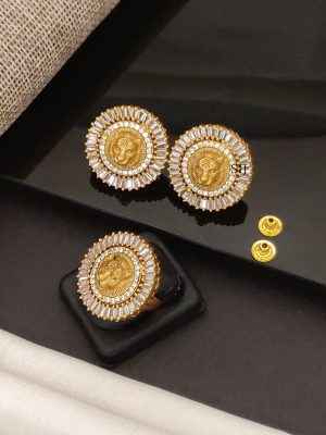 Antique White Stone Earrings With Finger Ring ABDIE02248
