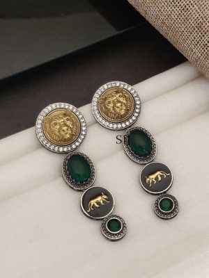German Silver Lion Face Long Earrings ABDIE02287