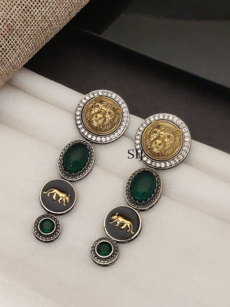 German Silver Lion Face Long Earrings ABDIE02287
