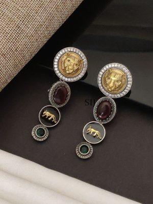 German Silver Lion Face Long Earrings ABDIE02288