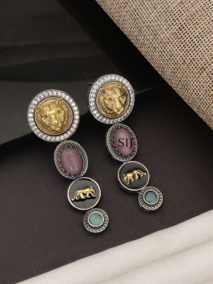 German Silver Lion Face Long Earrings ABDIE02289