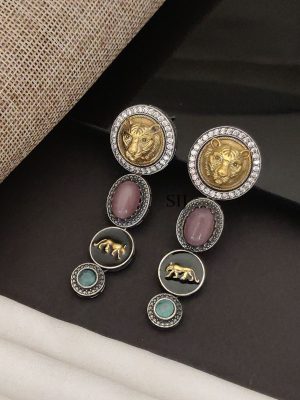 German Silver Lion Face Long Earrings ABDIE02289