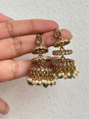 Antique Spiral Jhumkas with Green Beads SPAIE02583
