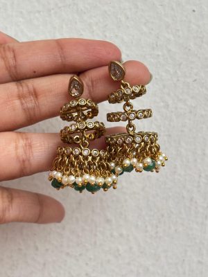 Antique Spiral Jhumkas with Green Beads SPAIE02583