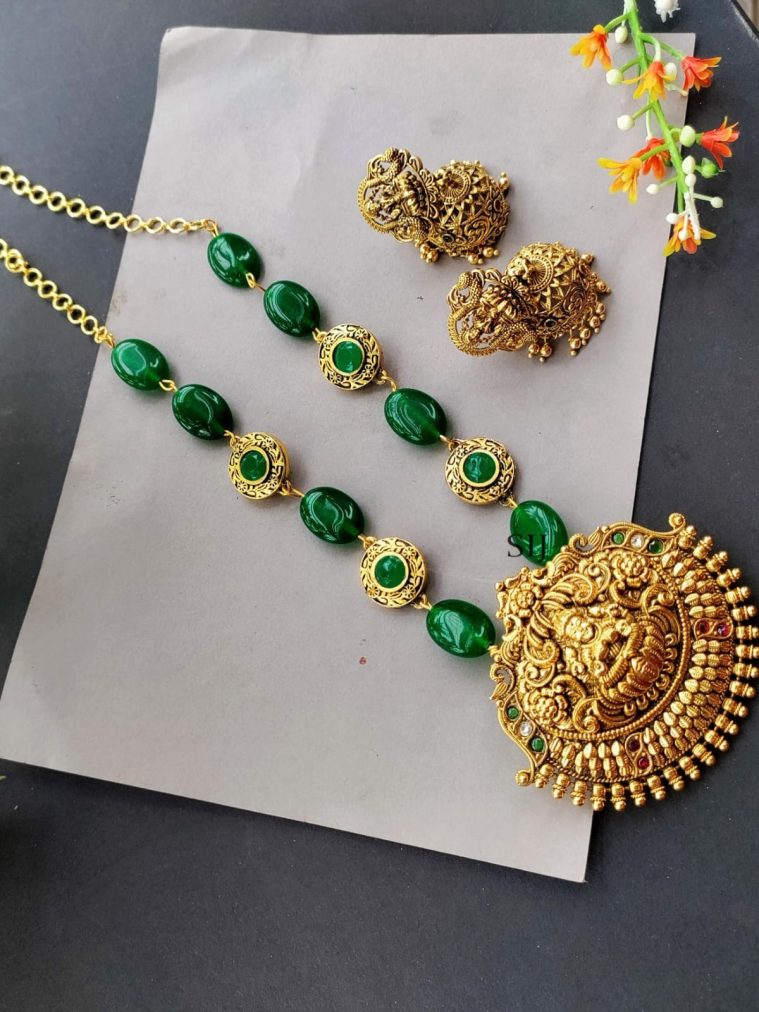 Green Stone Lakshmi Long Necklace DEVIL00666