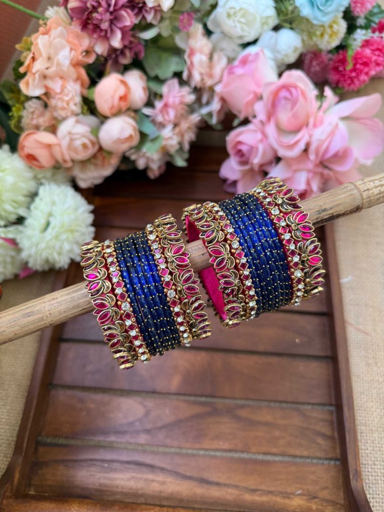 Bright Pink & Blue Silk Thread Glass Bangles Combo MAAIB0000073