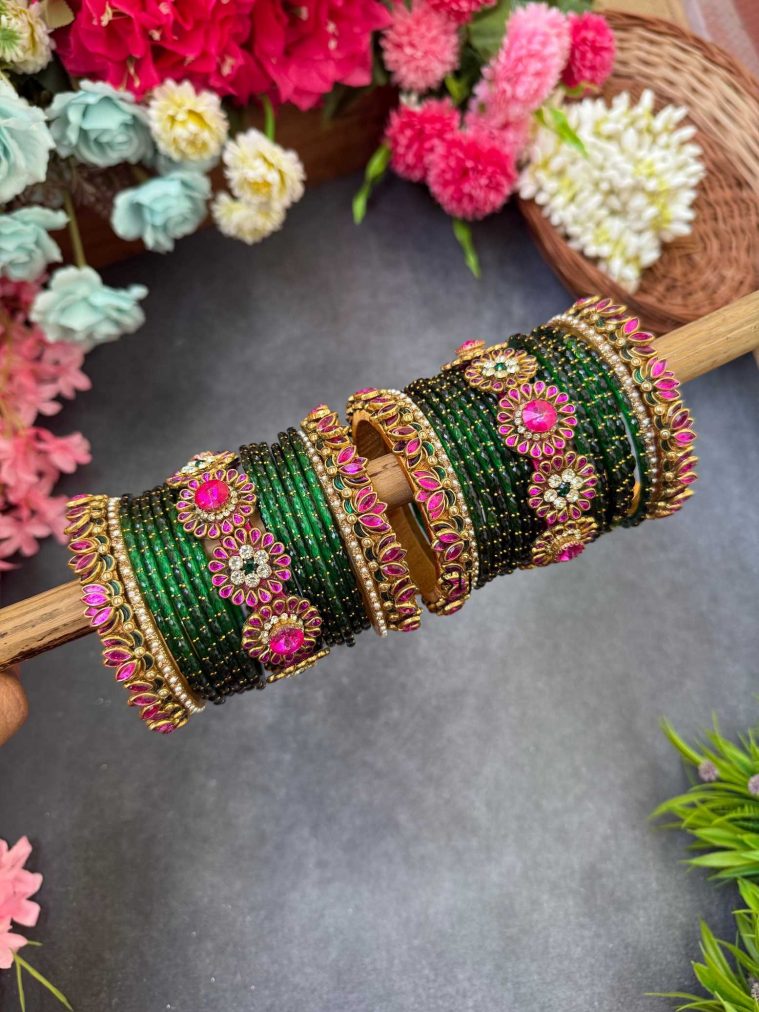 Green & Pink Silk Thread Glass Bangles Combo MAAIB0000068