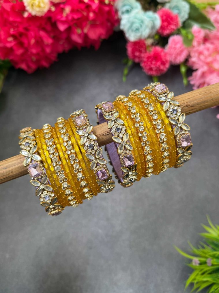 Lavender & Yellow Silk Thread Glass Bangles Combo MAAIB0000074