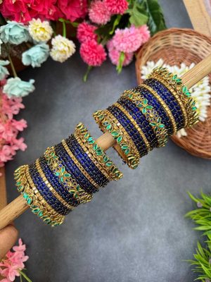 Peacock Green & Dark Blue Silk Thread Glass Bangles Combo MAAIB0000070