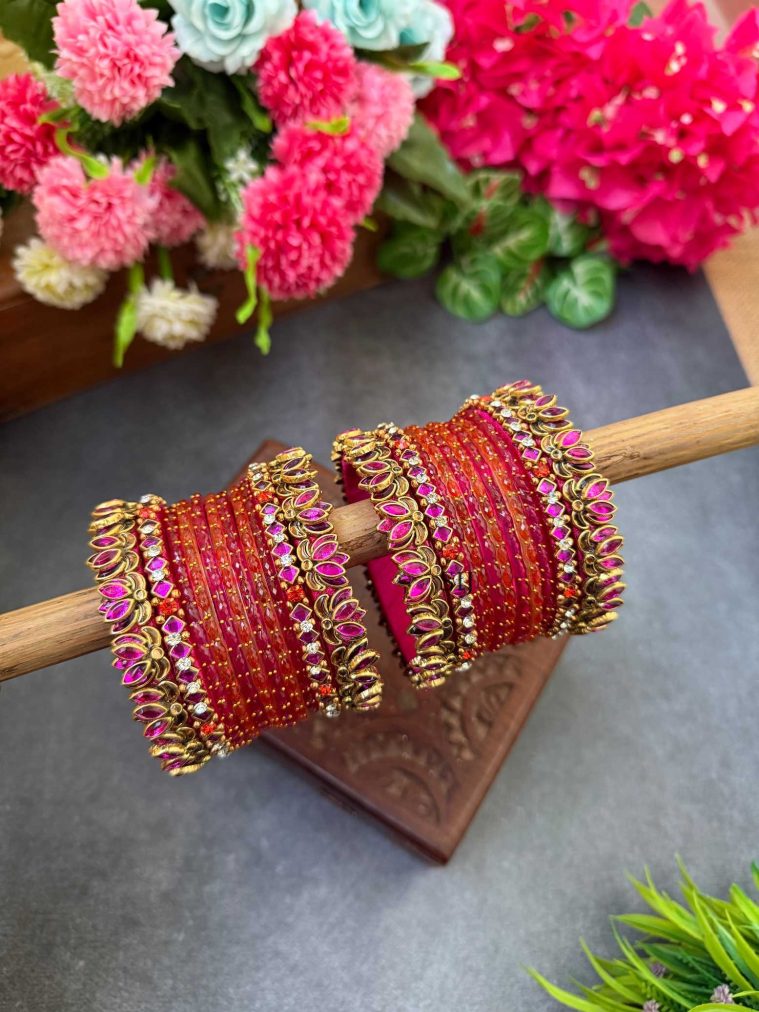 Rani Pink & Orange Silk Thread Glass Bangles Combo MAAIB0000072