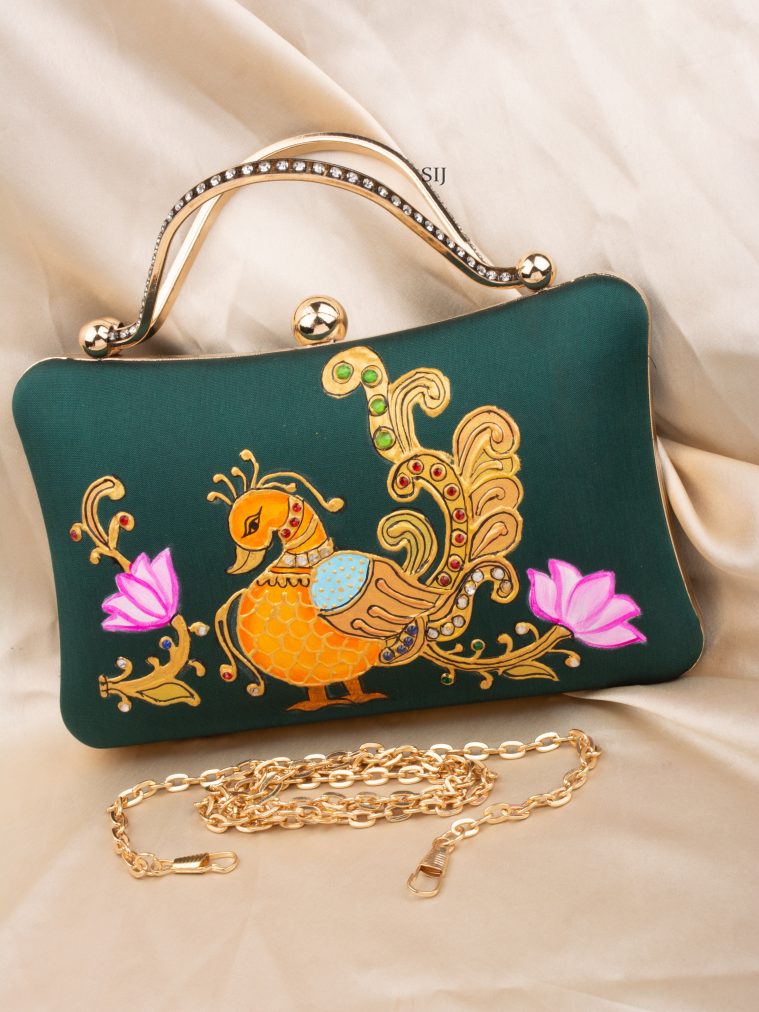 Tanjore Painted Green Silk Clutch Bag ALAIO00043